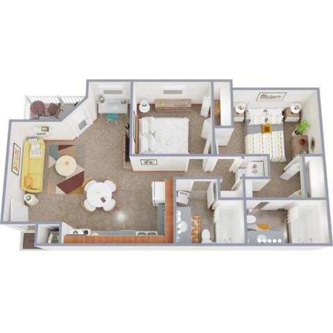 A floor plan of a house with a kitchen, living room, and two bedrooms.